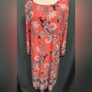 Sandra Darren Coral and Navy Paisley Long Sleeve Dress